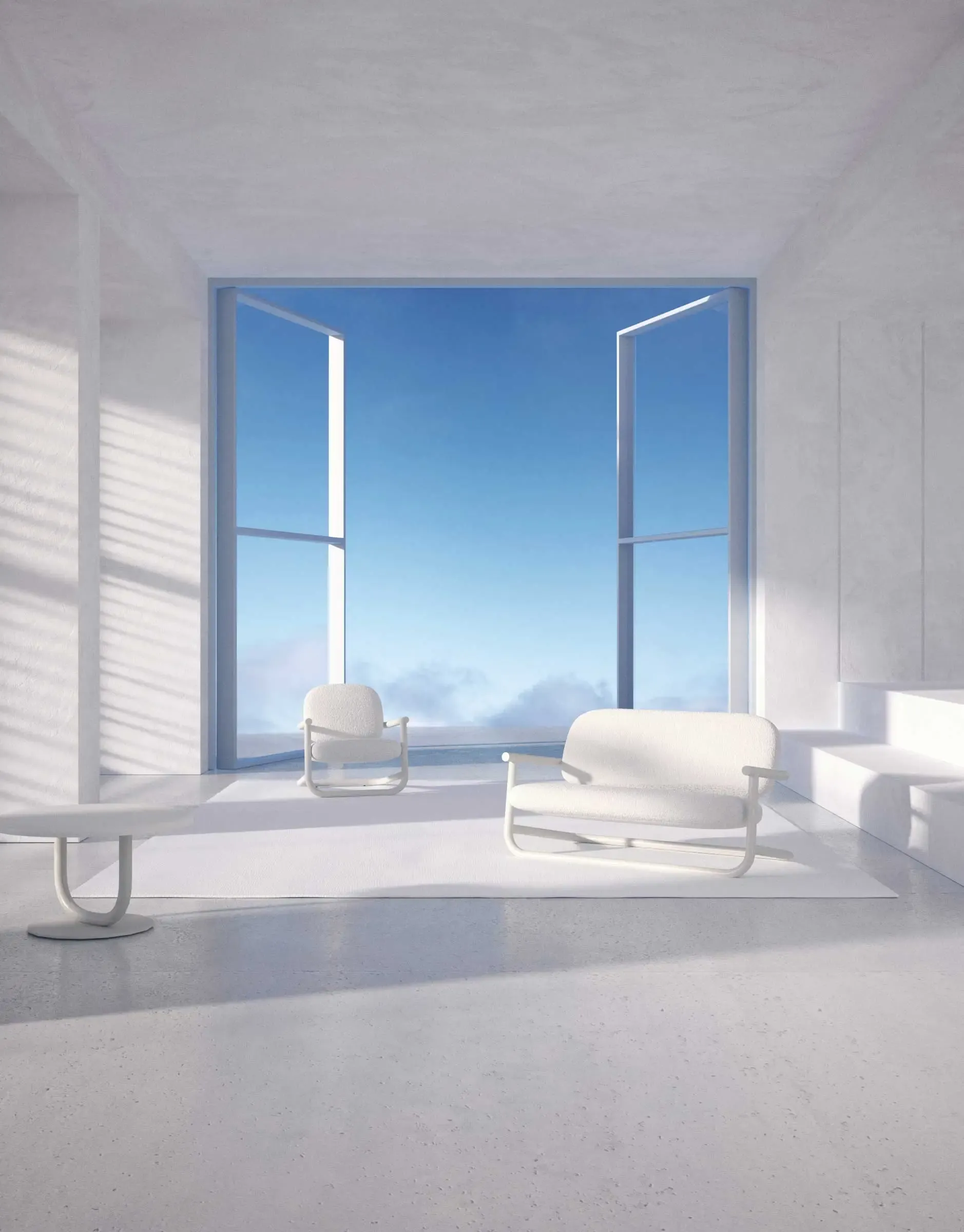 Desalto Strong collection chairs in white architectural interior with sky view | Carlotta Bacchini