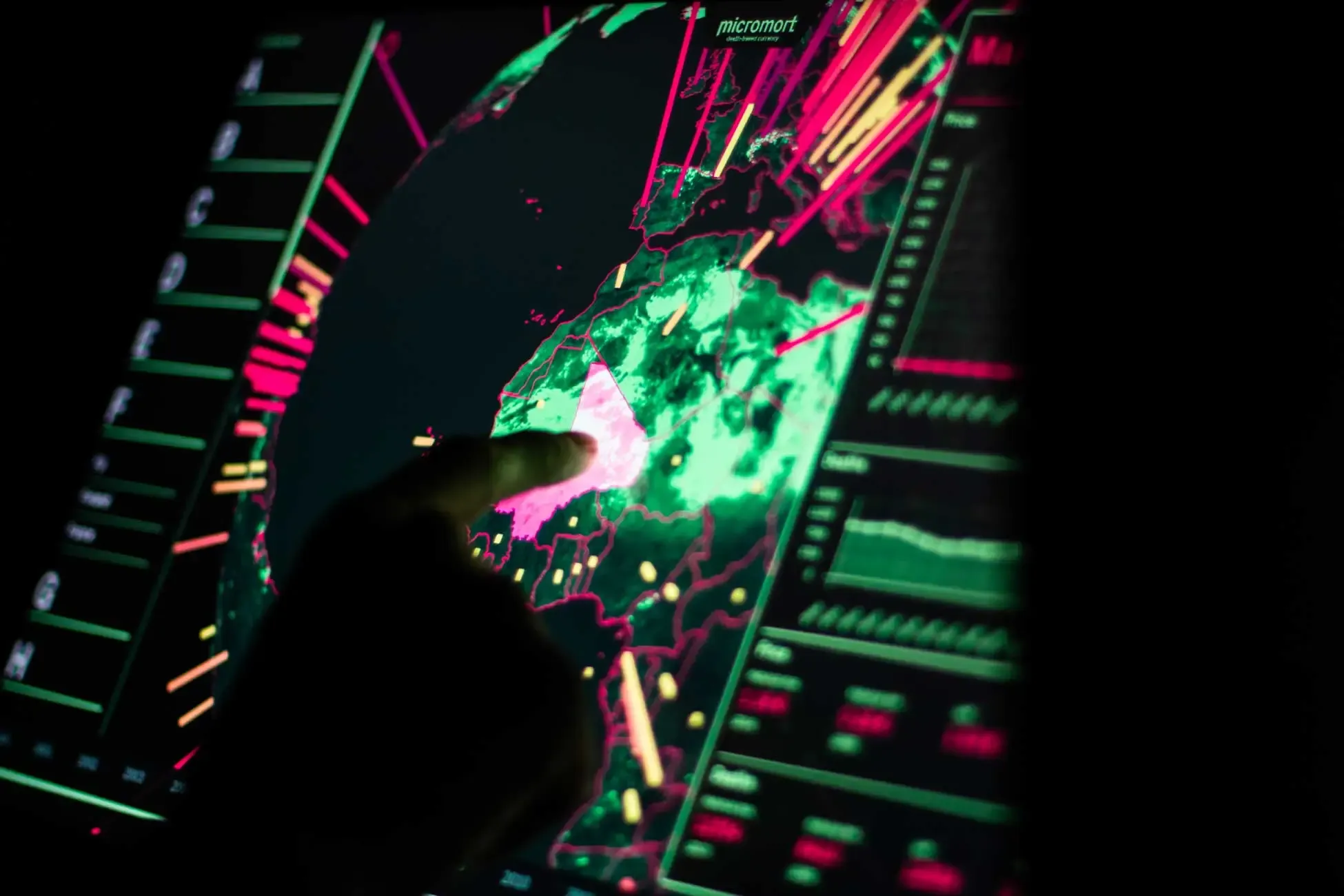 Detail of the interactive Micromort touch display showing global death data visualization