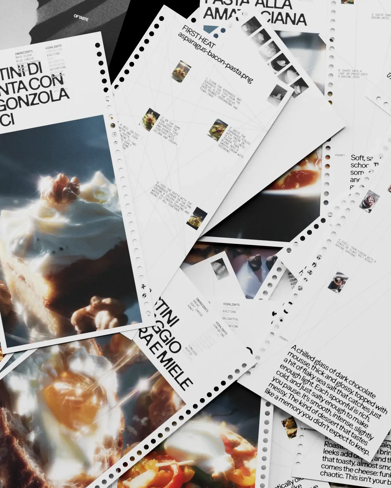 Scattered printed pages from “Tasting the Unseen” showing a mix of recipe titles, AI-generated visuals, and structured prompt maps | Carlotta Bacchini