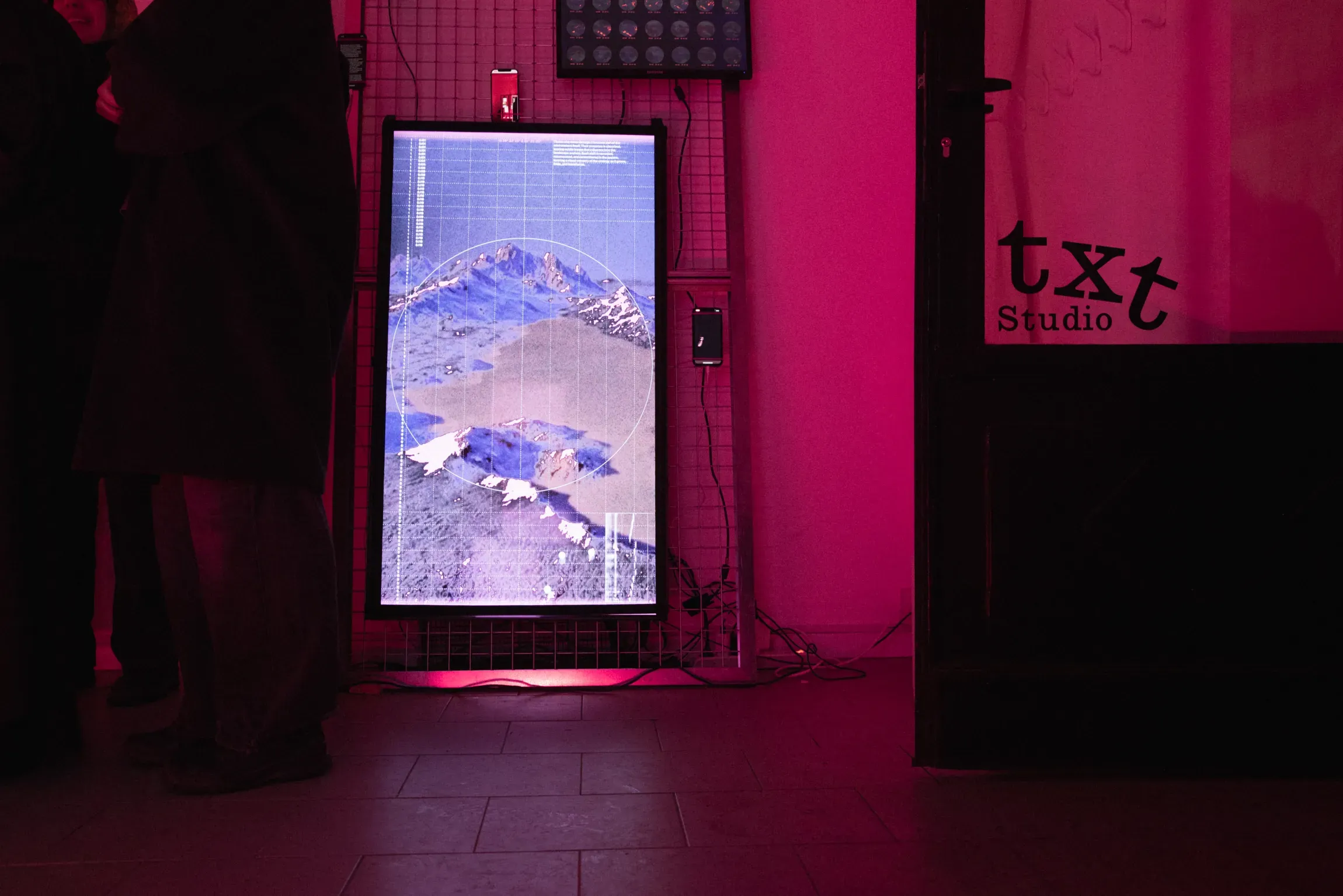 Cartography of Entangled States interactive installation showing a responsive digital generative landscape reacting to visitors' presence and movement in the space