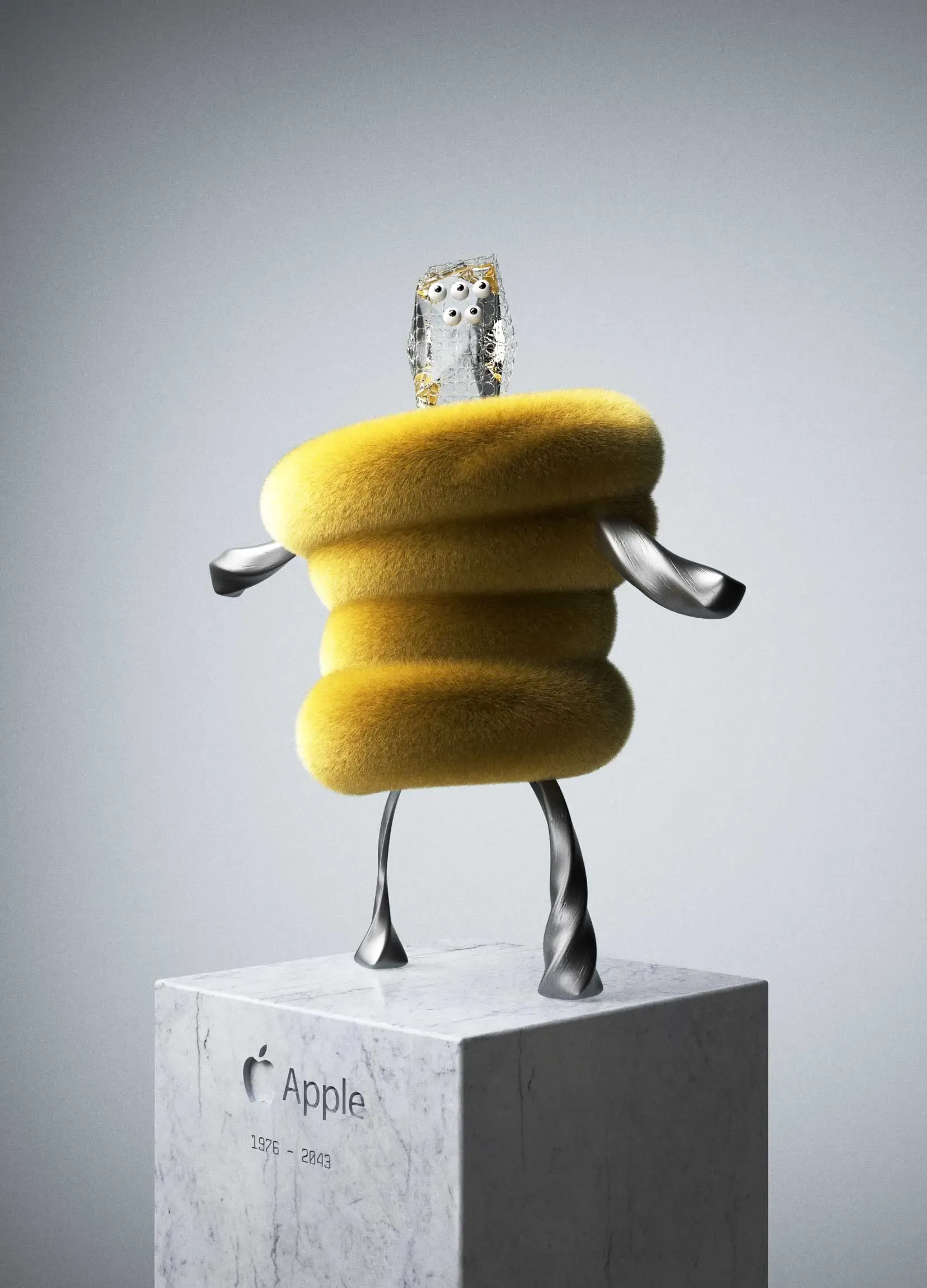 Alternative Apple avatar version with a plush yellow body and transparent crystalline head—resulting from a distinct set of emotional, ethical, and historical inputs