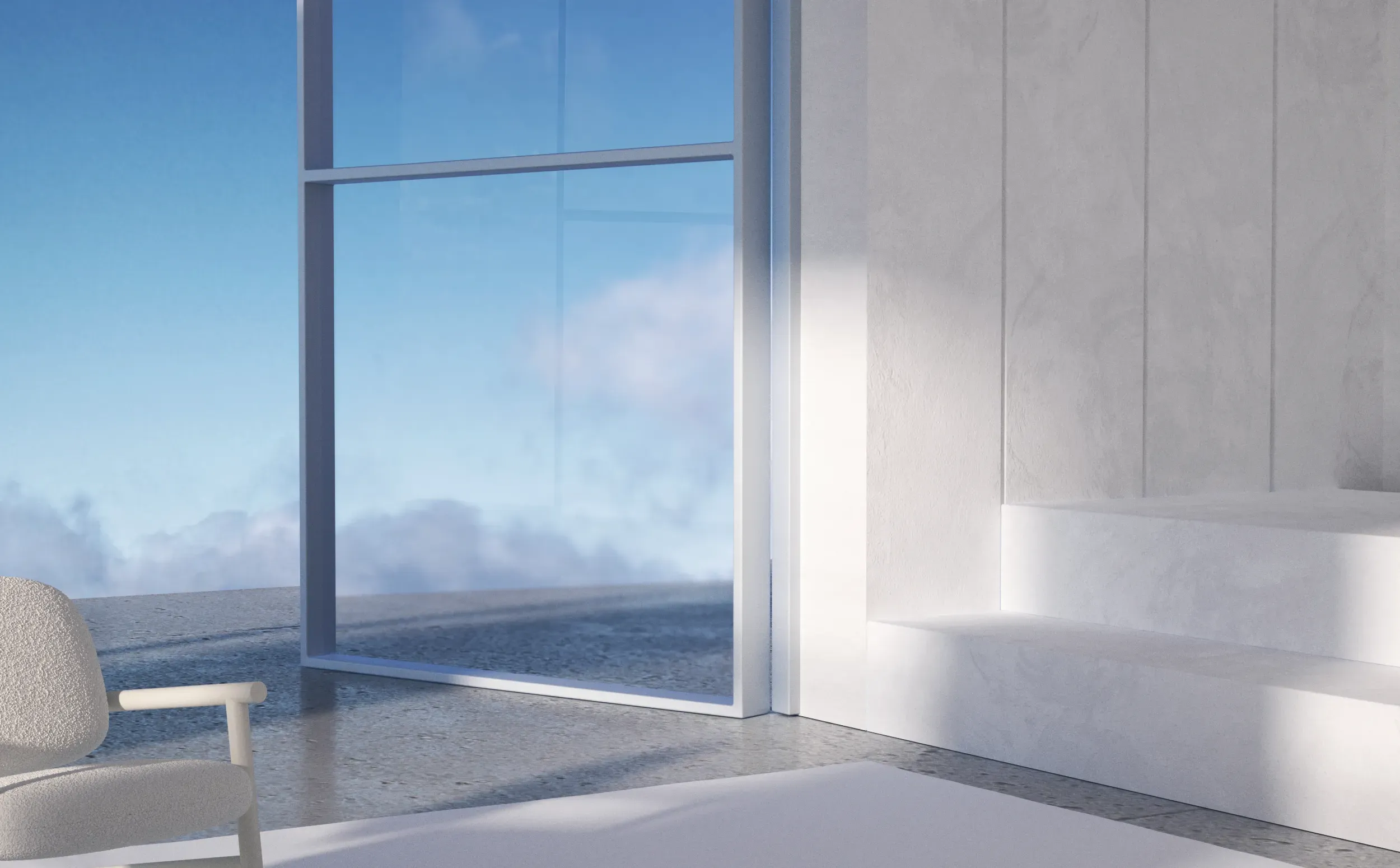 Desalto Strong armchair in white architectural space with natural light and sky reflections | Carlotta Bacchini