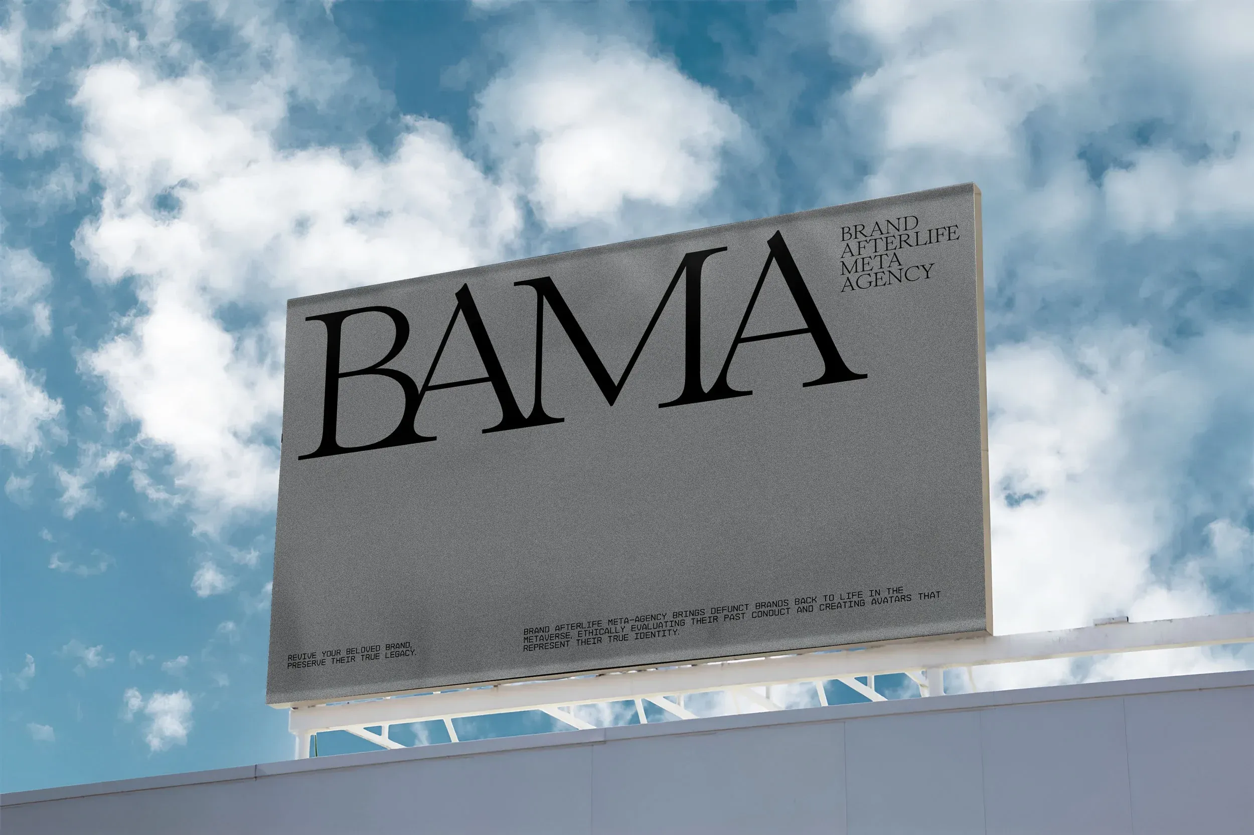 Campaign billboard for BAMA, Brand Afterlife Meta-Agency, a speculative agency reviving defunct brands as avatars in the metaverse