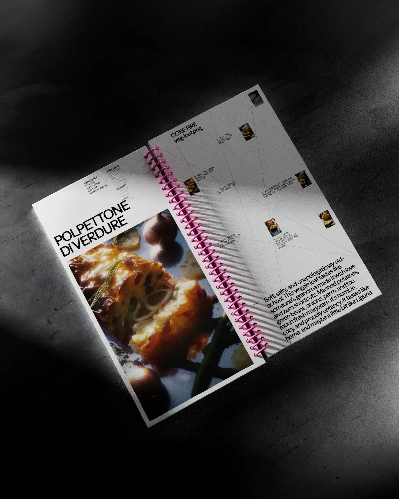 Open spread of the book “Tasting the Unseen” with the recipe “Polpettone di Verdure” on the left and a visual concept grid on the right | Carlotta Bacchini