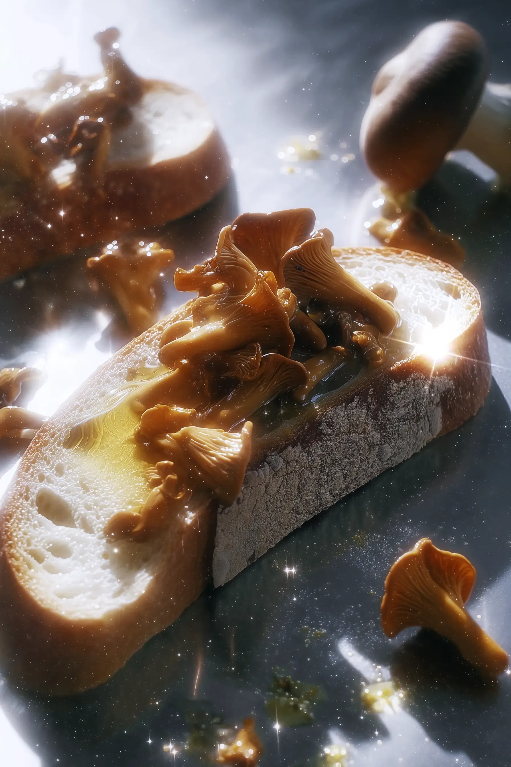 Artistic AI-generated image of a toasted bread slice with goat cheese and chanterelle mushrooms, captured in dramatic lighting.
