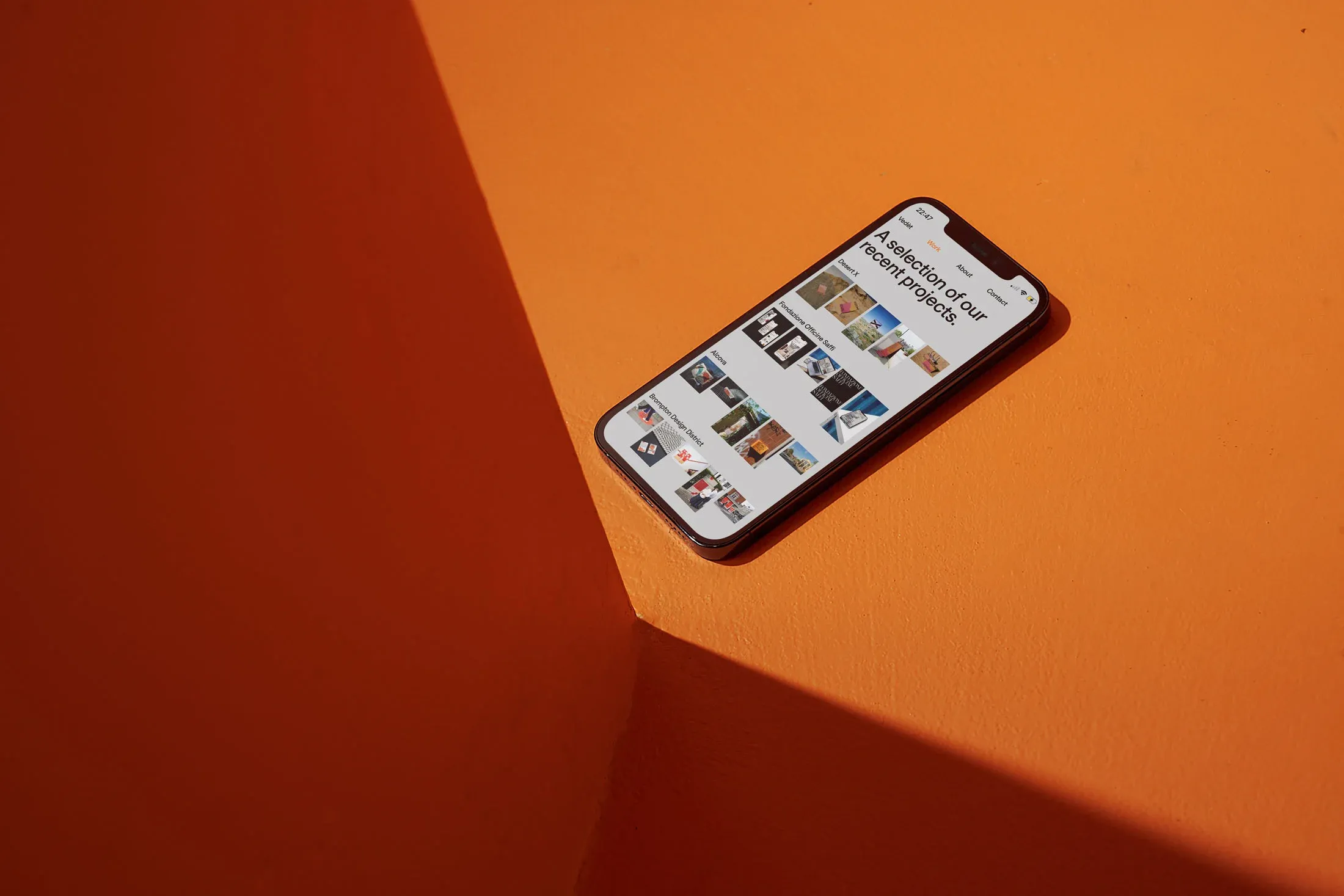Mobile interface of the 2023 Studio Vedèt website redesign, showcasing a brutal and image-forward layout. | Carlotta Bacchini