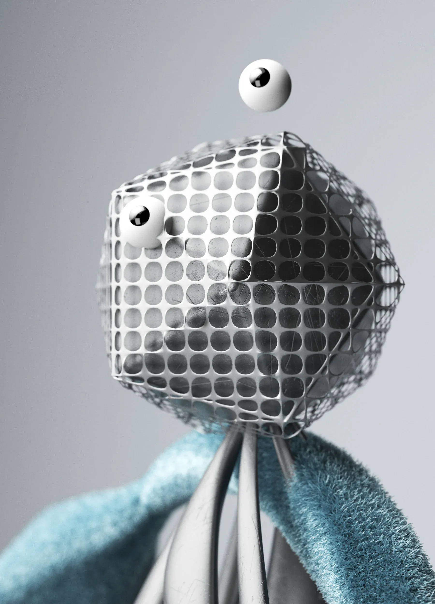 Close-up of the avatar’s head: a faceted metallic form partially covered by a perforated mesh structure, with abstract, expressive eyes — emblematic of Apple’s resurrected digital persona.