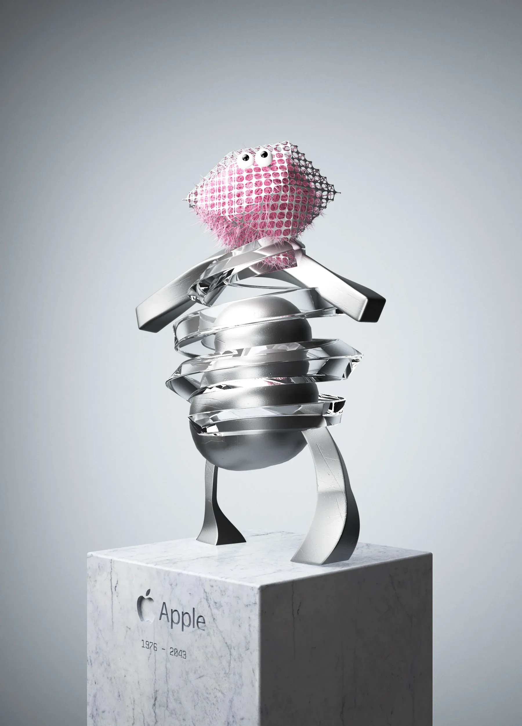 Speculative Apple avatar generated through BAMA’s parametric system—featuring a pink mesh-covered head and layered metallic body, shaped by user perception data | Carlotta Bacchini
