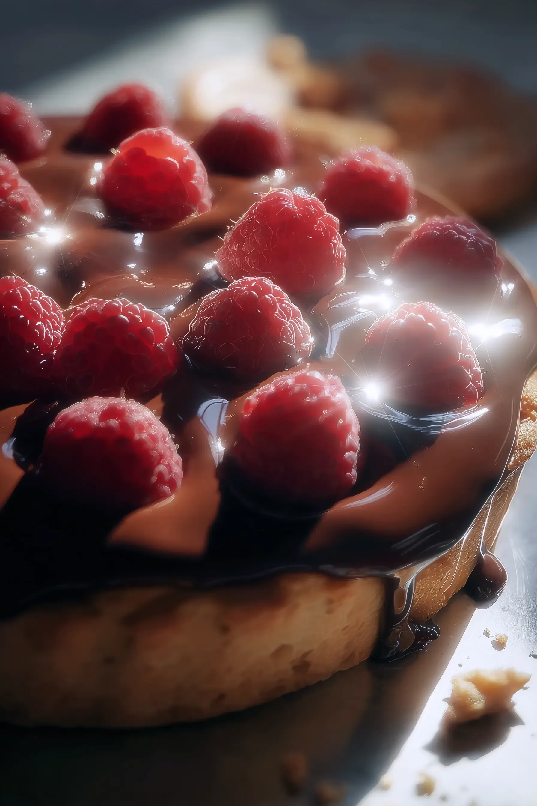 AI-generated chocolate ganache tart topped with raspberries, rendered with dramatic lighting to enhance texture and visual richness | Carlotta Bacchini