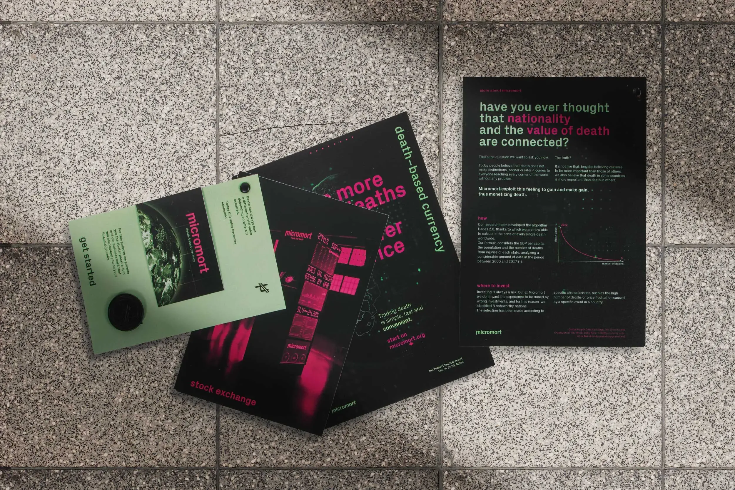 Printed Brochure explaining Micromort currency system and data logic, part of installation collateral | Carlotta Bacchini