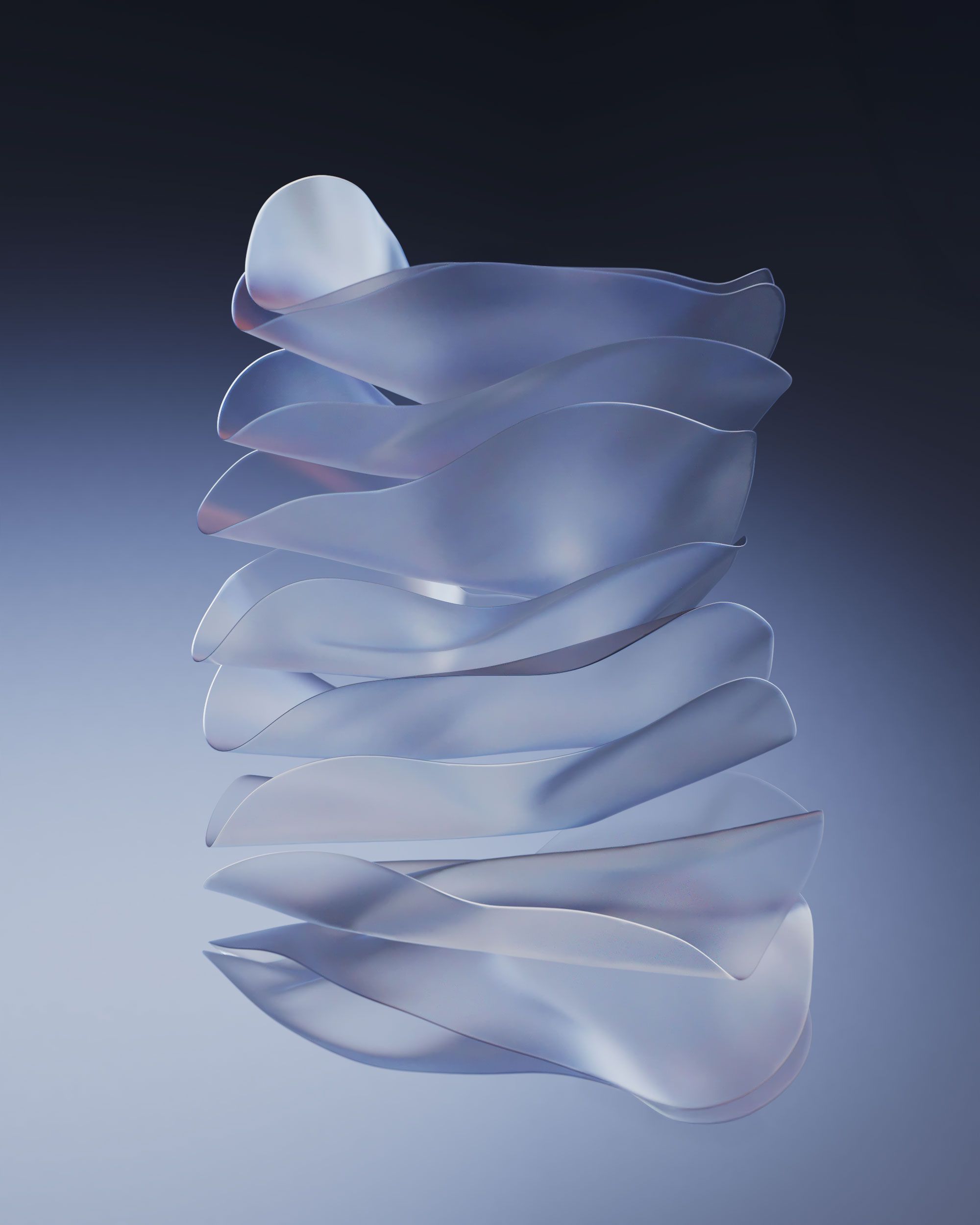 Sculptural composition of Crizal® lens coatings suspended in space, illustrating multi-layered technology with translucent, organic forms | Carlotta Bacchini
