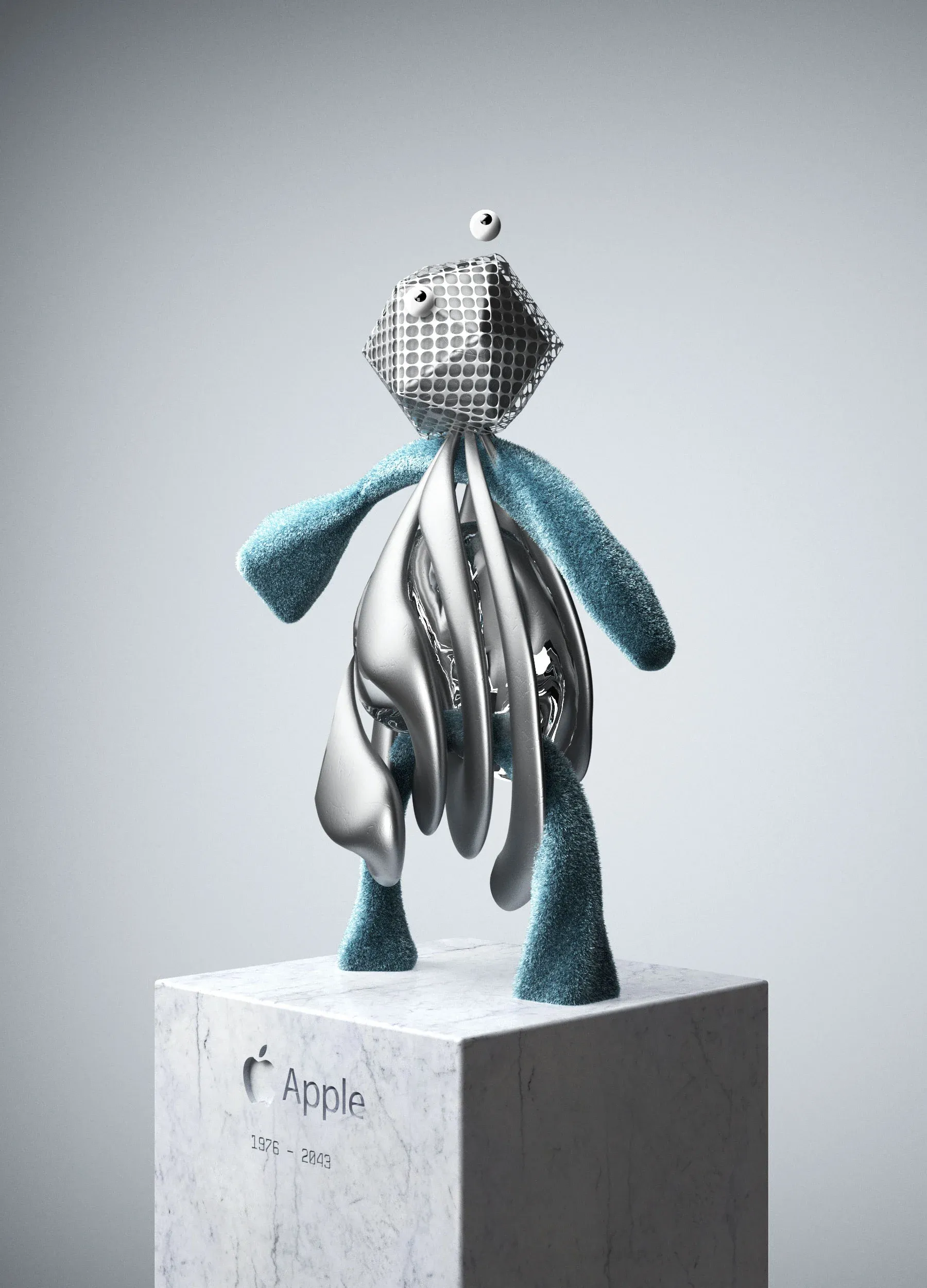 3D render of Apple’s speculative brand avatar standing on a marble pedestal, merging glossy metallic limbs with textured blue surfaces, part of the BAMA meta-agency project.| Carlotta Bacchini