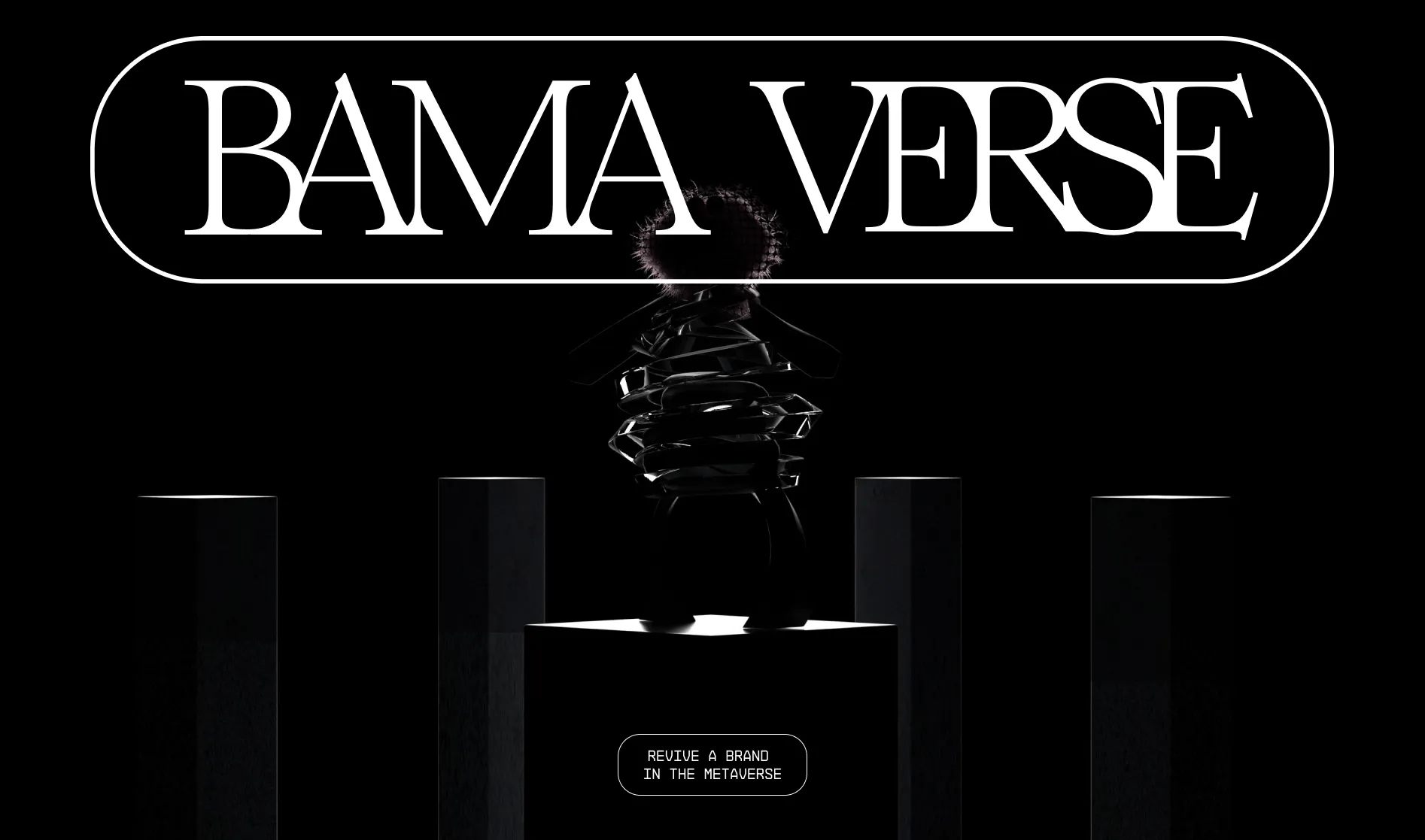 Interface of BAMAverse, showcasing a silhouetted avatar on a digital pedestal, inviting users to “Revive a brand in the metaverse” through the speculative resurrection platform.