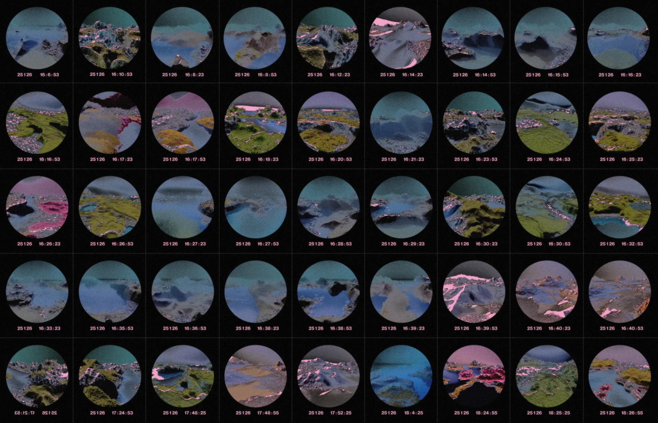 States of the Ecology registered during the event, showing the responsive digital generative landscape of Cartography of Entangled States interactive installation in different configurations based on visitors' presence and movement