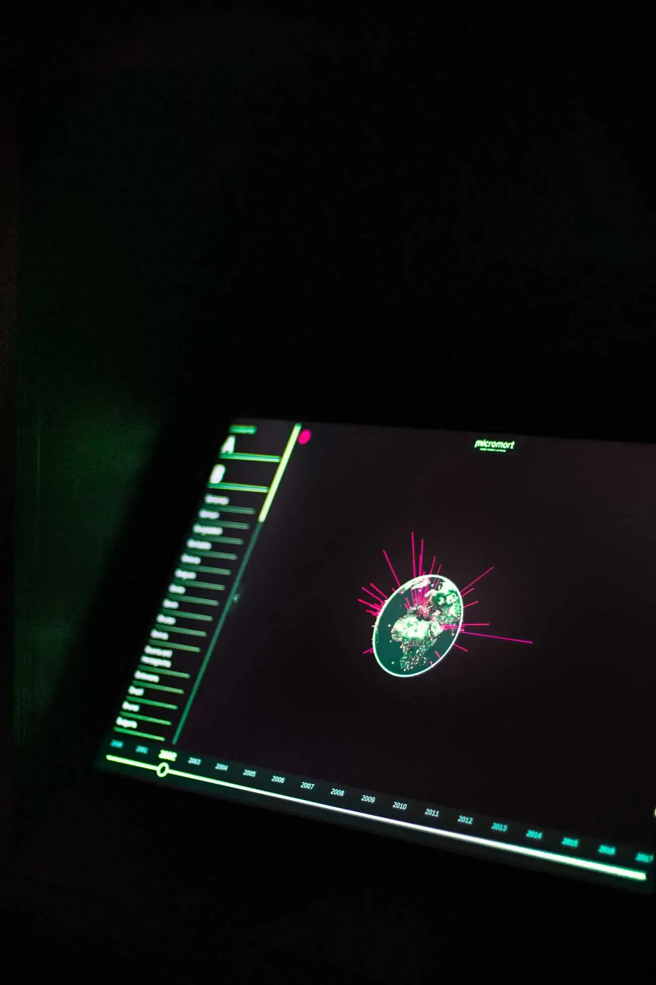 Touch display with interactive 3D globe and death-based risk data visualization