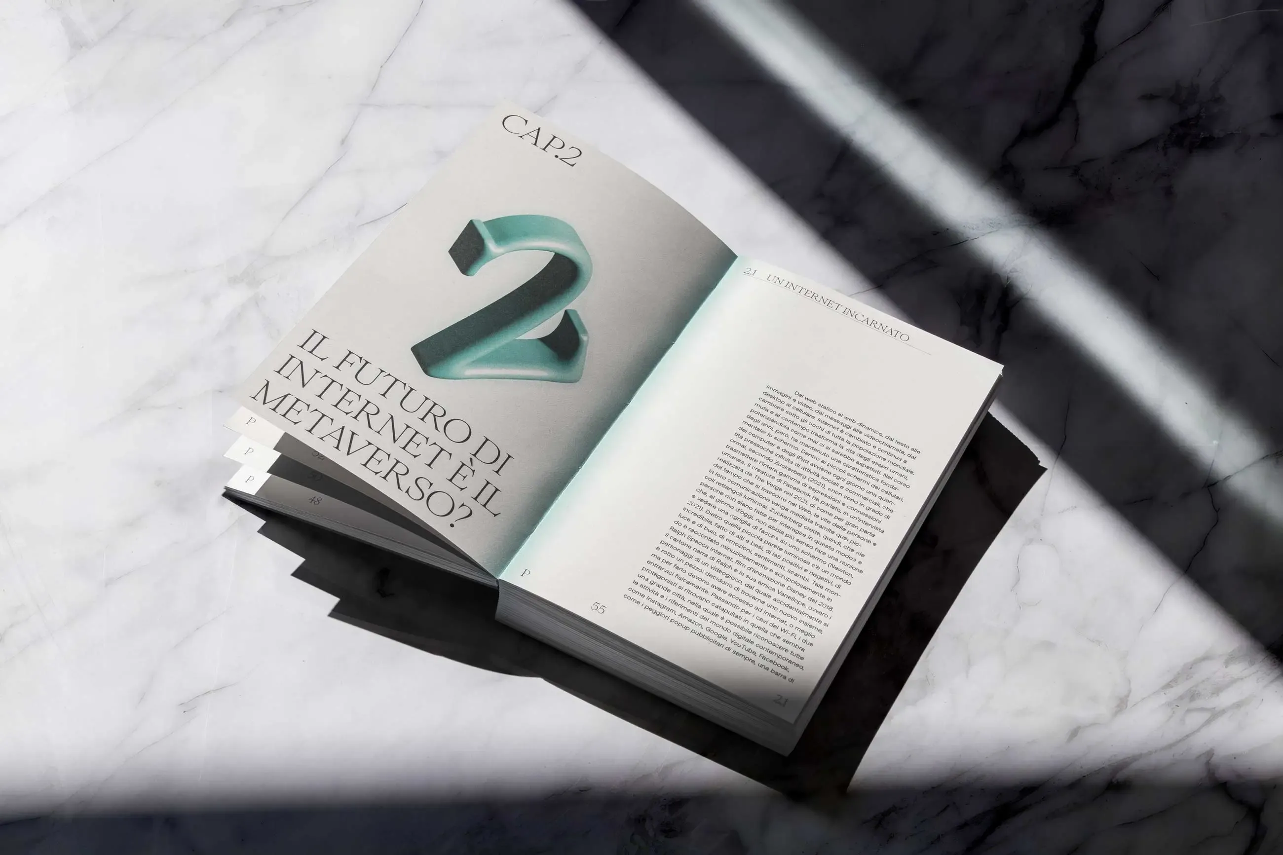 Chapter opening of 'Beyond the Brand's Grave' thesis titled 'Il futuro di internet è il metaverso?' featuring a 3D-rendered number 2 and essay text