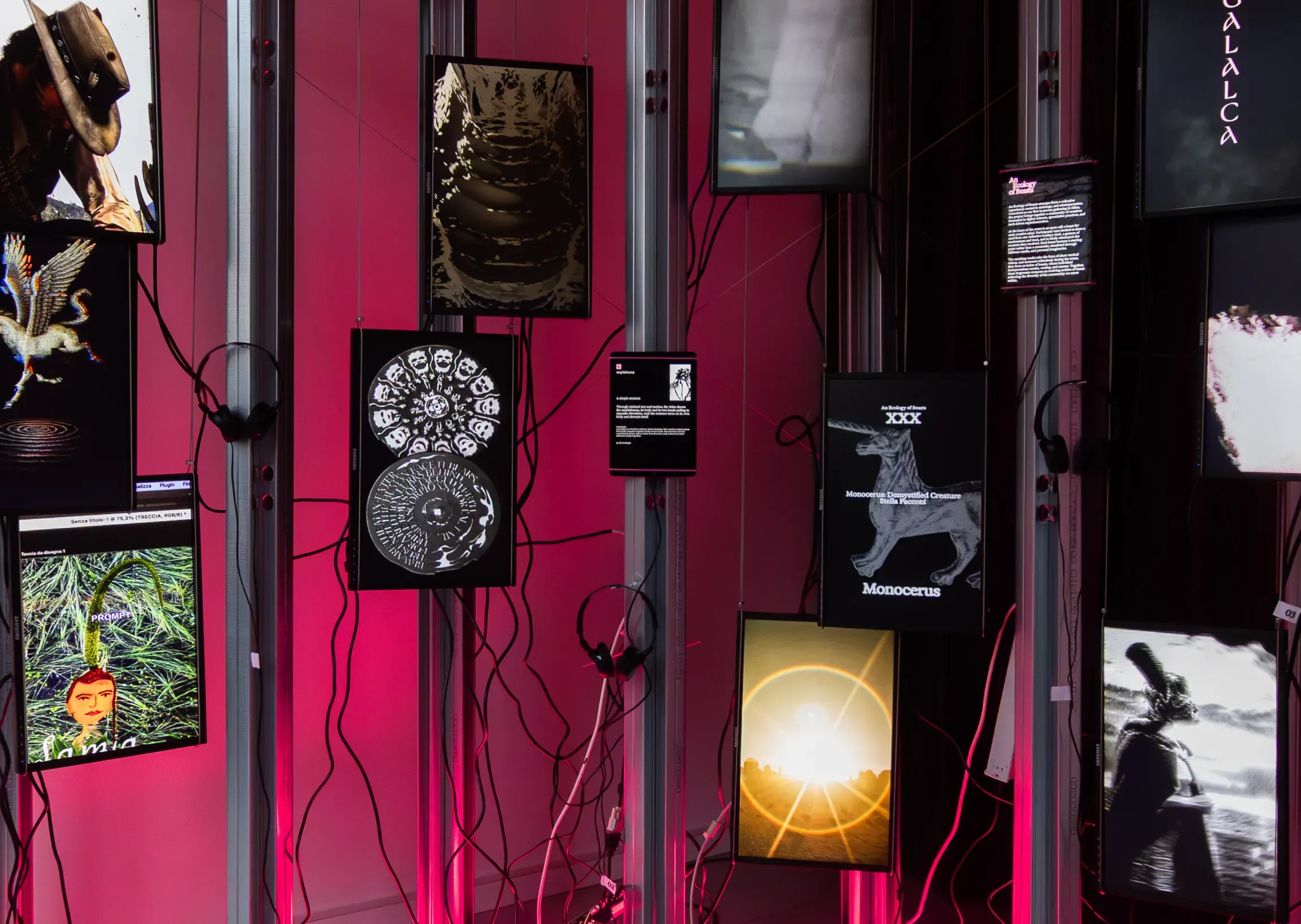 An Ecology of Beasts exhibition display with multiple vertical monitors showing video artworks from a collective open call, mounted on a metal structure with headphones in a pink-lit installation spac | Carlotta Bacchini
