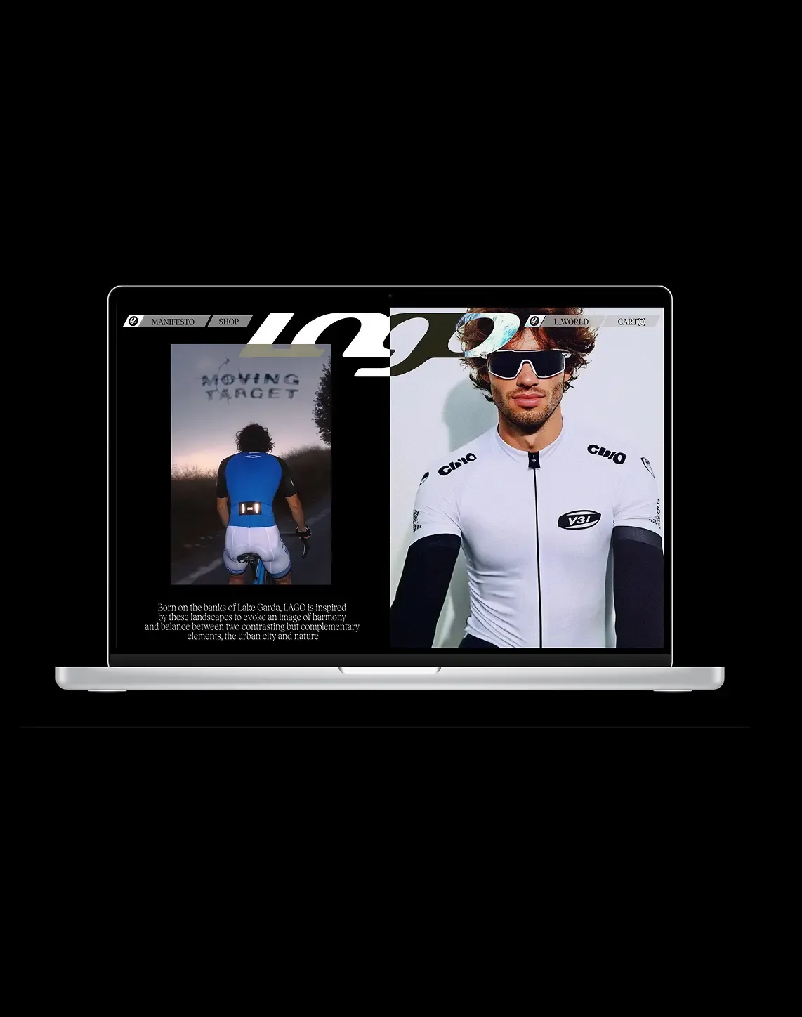 Laptop mockup displaying Lago website concept with cycling visuals and product imagery by Carlotta Bacchini