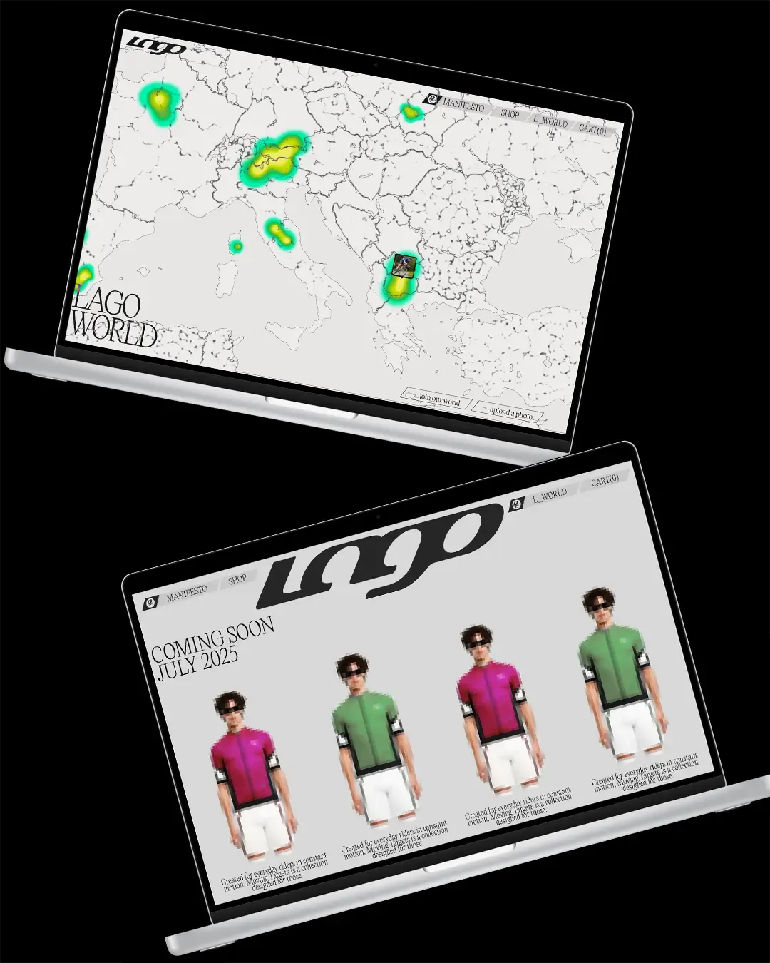 Laptop mockups displaying Lago world map feature and upcoming cycling apparel collection.