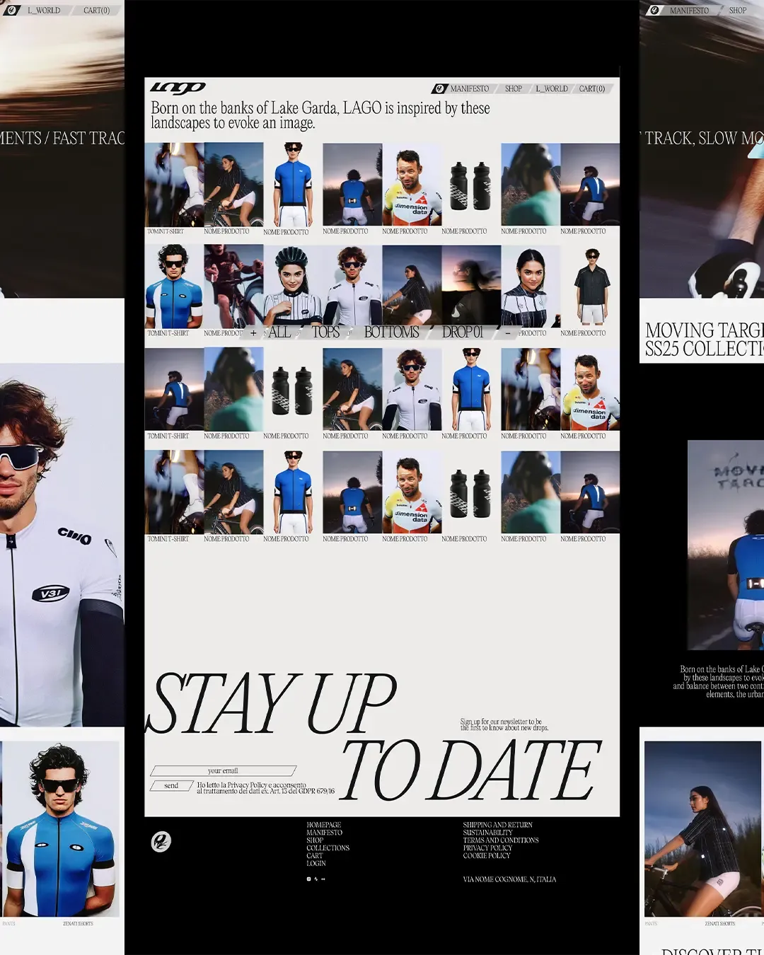 Webpage concept showing Lago product grid, newsletter section, and cycling photography.