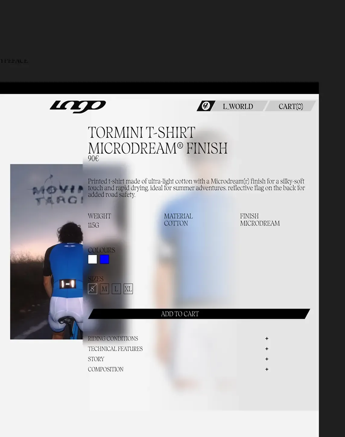 Visual Design of the product page for Lago T-shirt featuring technical details and cycling image.