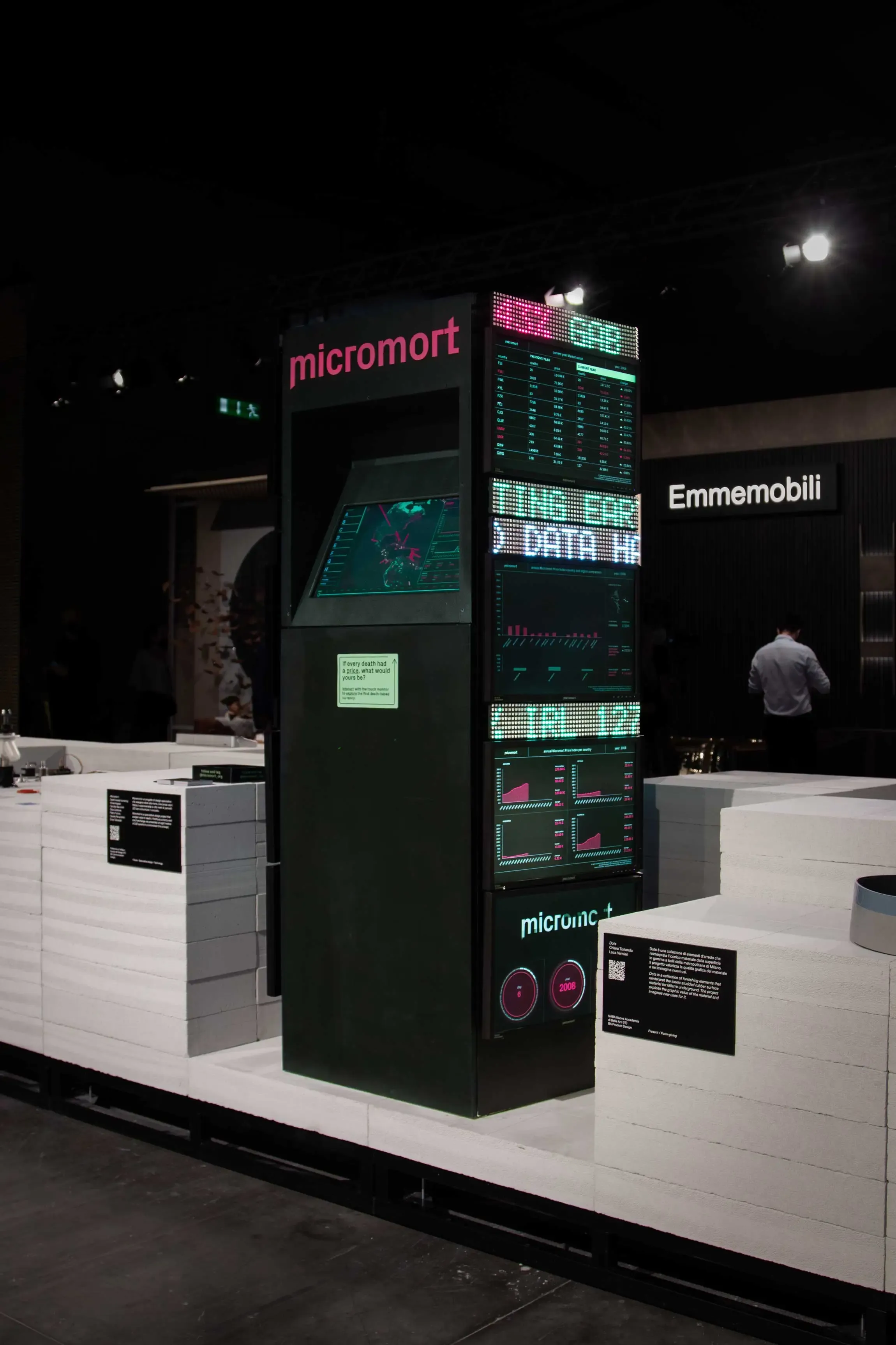 Micromort speculative design installation at Lost Graduation Show during Supersalone 2021, Milan Design Week, featuring LED data panels and an interactive screen | Carlotta Bacchini